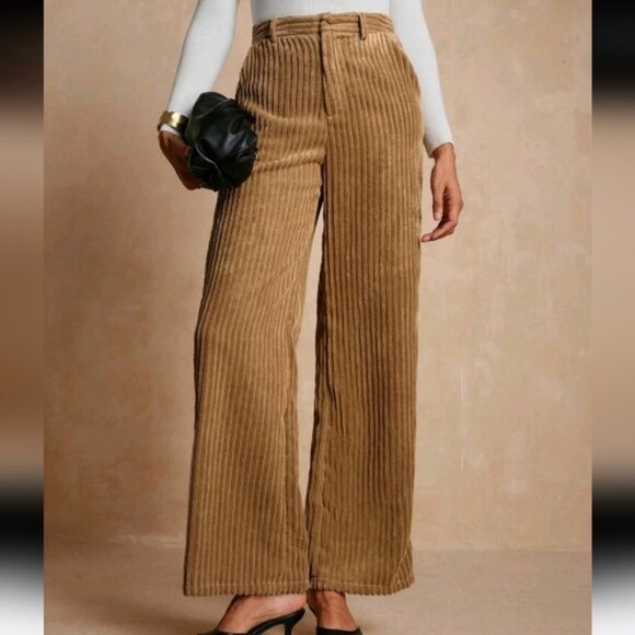 Women's Wide Leg Pants With Corduroy Texture And Side Pockets - Picture 4 of 4